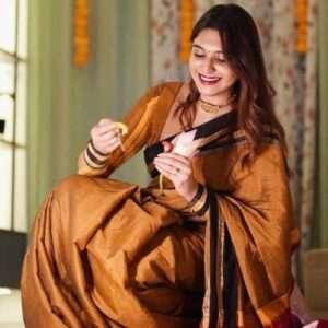 BROWN SAREE ILKAL WITH SILVER AND YELLO BORDER