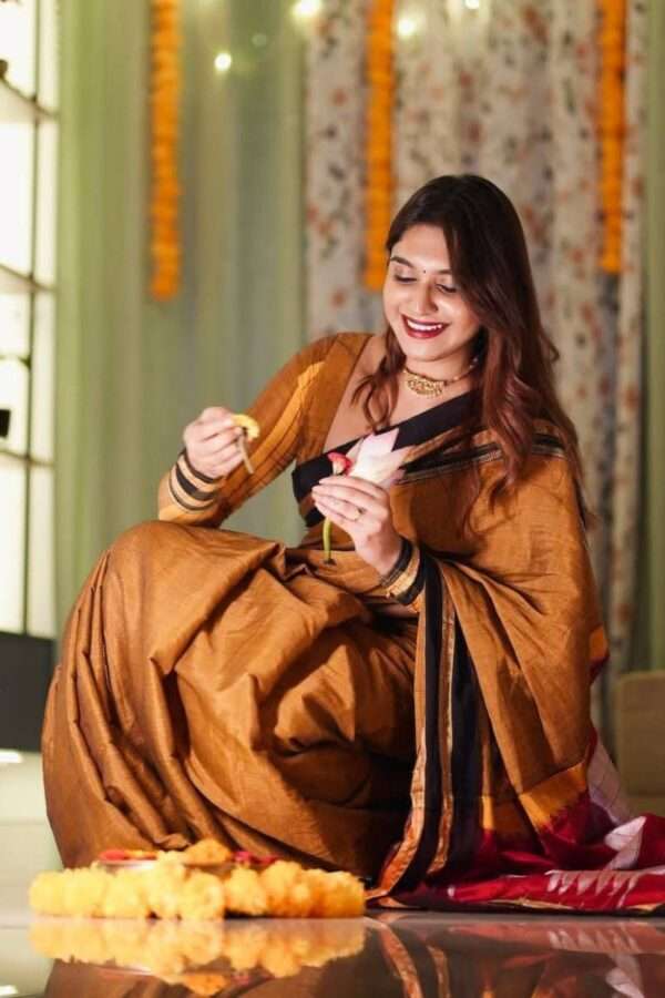 BROWN SAREE ILKAL WITH SILVER AND YELLO BORDER