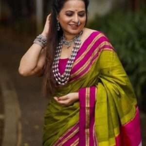 EXLCUSIVE ILKAL SAREE - GREEN WITH PINK BORDER