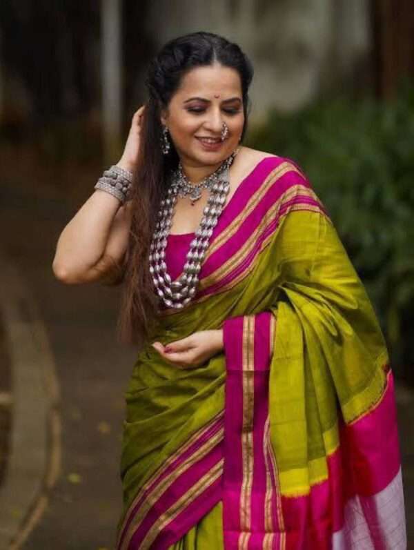 EXLCUSIVE ILKAL SAREE - GREEN WITH PINK BORDER