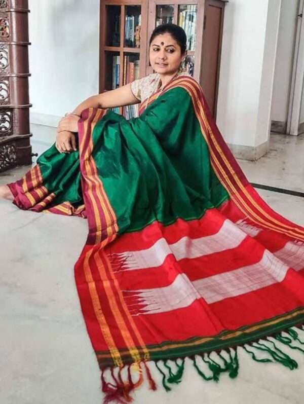 EXLCUSIVE ILKAL SAREE - GREEN WITH RED BORDER