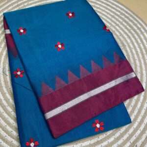 ILKAL BLUE SAREE - FLOWER PATTERN WITH MAROON BORDER
