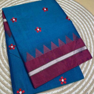 ILKAL BLUE SAREE - FLOWER PATTERN WITH MAROON BORDER