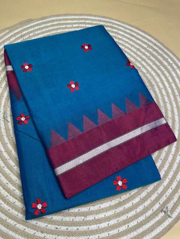 ILKAL BLUE SAREE - FLOWER PATTERN WITH MAROON BORDER