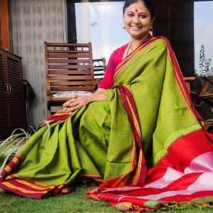 ILKAL GREEN SAREE EXCLUSIVE RED BORDER