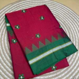 ILKAL MAROON SAREE -FLOWER PATTERN WITH GREEN & SLIVER BORDER