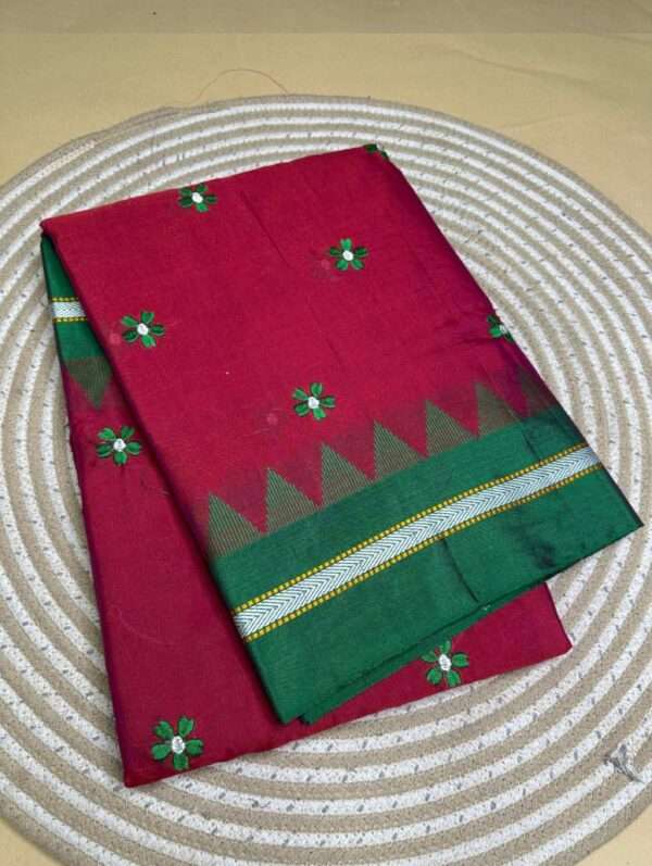ILKAL MAROON SAREE -FLOWER PATTERN WITH GREEN & SLIVER BORDER