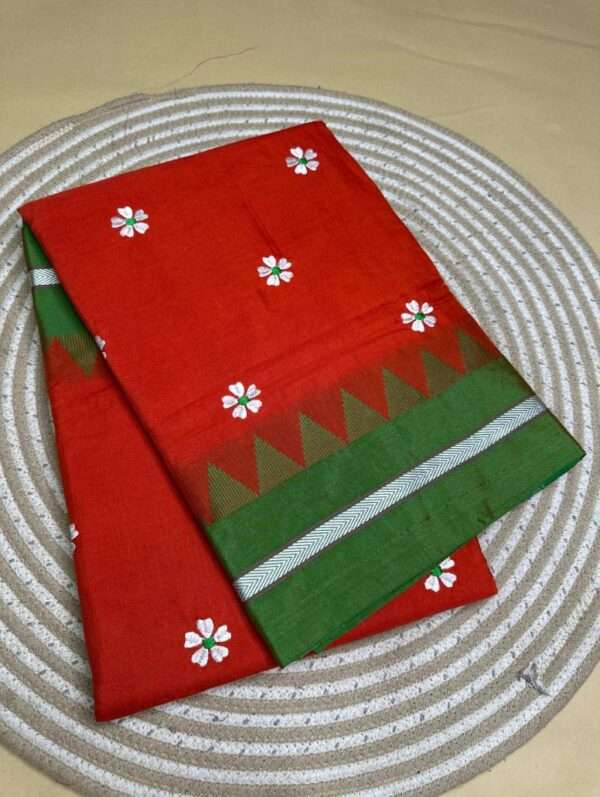 ILKAL RED SAREE -WHITE FLOWER PATTERN WITH GREEN & SLIVER BORDER