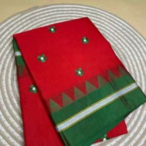 ILKAL RED SAREE - GREEN FLOWER PATTERN WITH GREEN & SLIVER BORDER