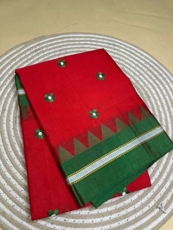 ILKAL RED SAREE - GREEN FLOWER PATTERN WITH GREEN & SLIVER BORDER